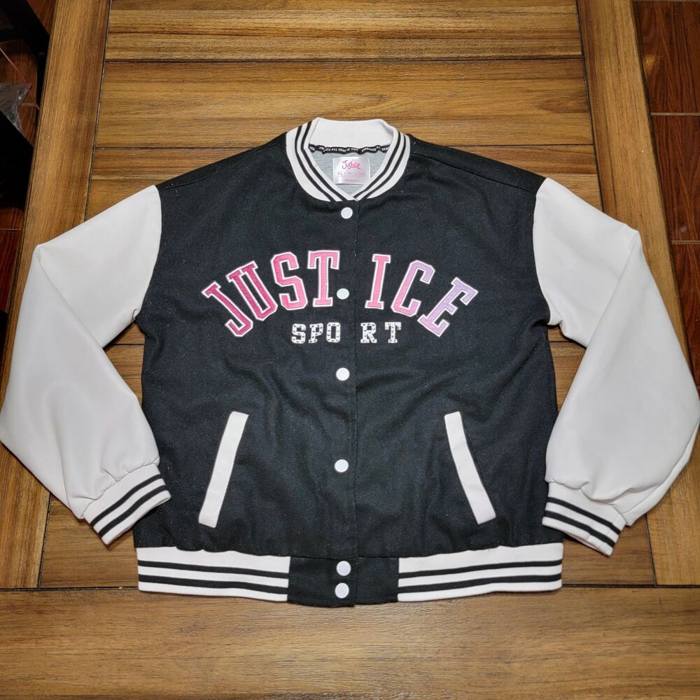 Justice Sport Black & White Letterman Style Jacket Pink Smile - Size XL (16/18)